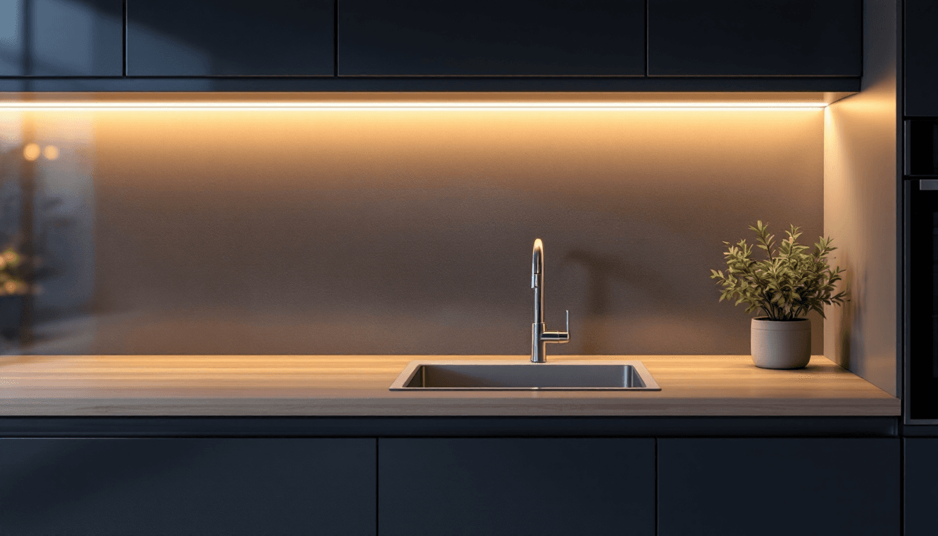 Moderne Küche bei Abendlicht mit warmweißer LED-Unterschrankbeleuchtung über einer Holzarbeitsplatte.