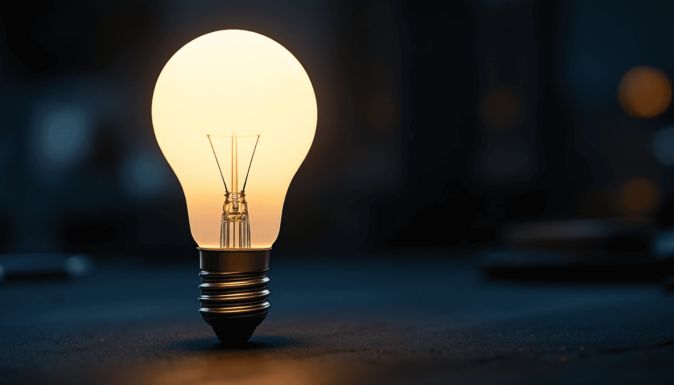 LED-Glühbirne mit warmweißem Licht auf dunkler Werkbank